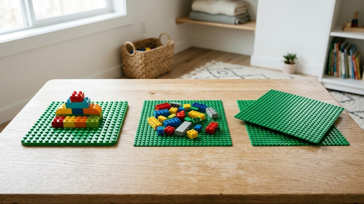 Drie cadeaucombinaties naast elkaar op een lichte speeltafel: een plaat met grote noppen en dikke stenen, een plaat met standaard noppen en kleine steentjes, en twee dubbelzijdige platen op elkaar gestapeld