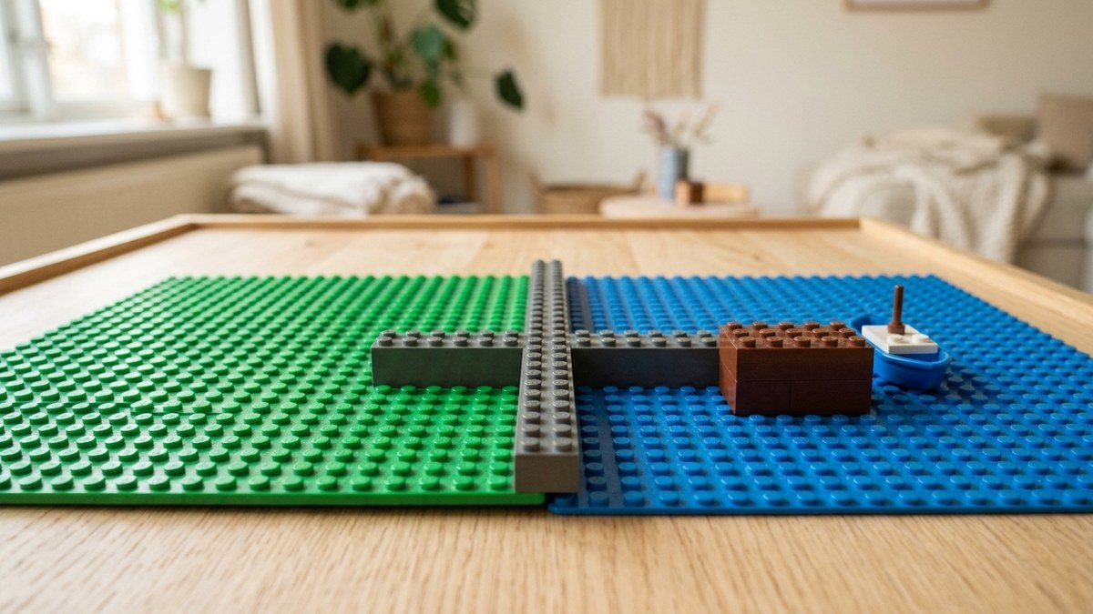 Een groene en een blauwe bouwplaat tegen elkaar op een houten speeltafel, met een rij lange bouwstenen over de naad en een kade van bruine stenen op de blauwe kant